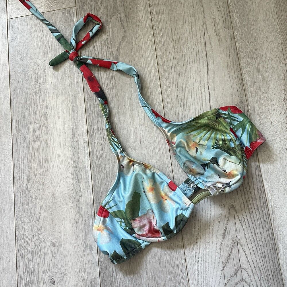Guess Bikini Top vintage hawaiian floral underwire halter womens Blue medium y2k